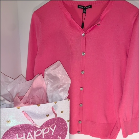 BLING New Heart Rhinestone Button Pink Sweater - Picture 2 of 6